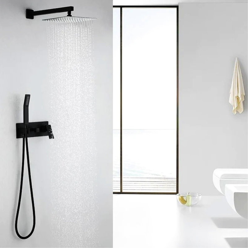 Shower System Wall Mounted - Matte Black, 10" Rain Shower, Hand 1.5 Gpm Flow, Brass Material, Residential Use Black 10 Inch Adjustable Flow Rate, Construction, Diverter Valve