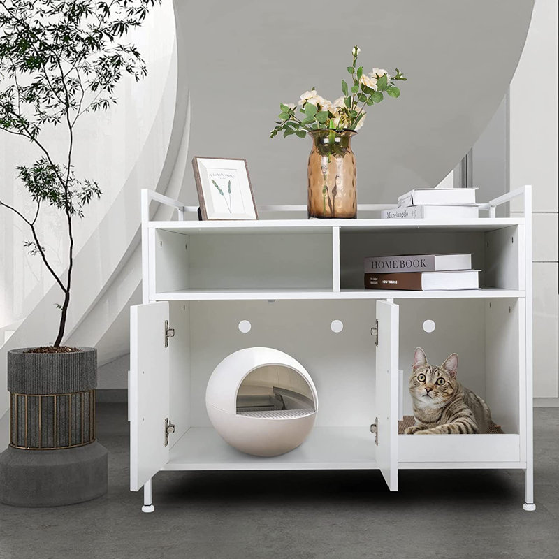 White Manufactured Wood and Metal Litter Box Enclosure with Storage Shelves