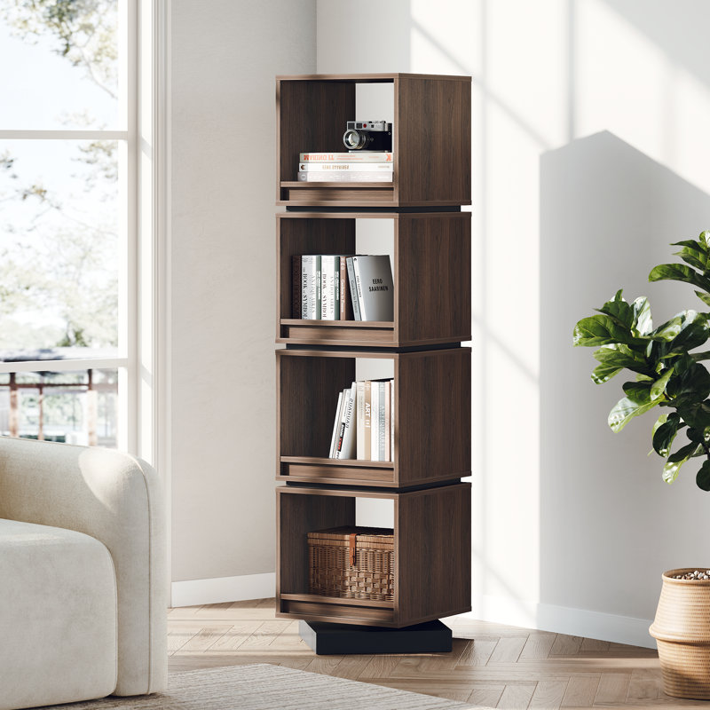 Tour de bibliothèque rotative à 360 ° Adonia, bibliothèque d'angle en noyer 4 étages, conception compacte pour la chambre à coucher, le salon, la maison et le bureau