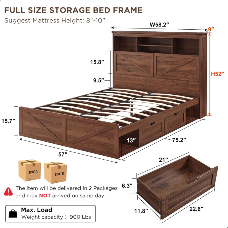 Franzi Farmhouse Full Size Platform Bed with Storage & Charging Station, Wood Platform Bed with Headboard and 4 Drawers,LED Light,No Box Spring Needed