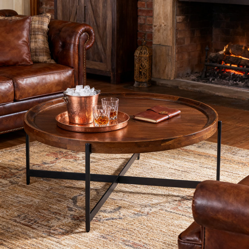 Table basse ronde de 42 pouces avec plateau en bois d'acacia massif et pieds en métal thermolaqué noir - Mobilier de salon rustique industriel moderne