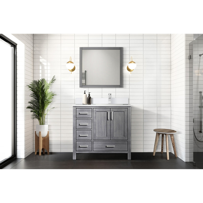 36 In. W Distressed Grey Vanity For Bathroom With 22 Depth, White Quartz Surface, 34 Mirrors, Soft - Closing Functionality Bath D, Right Offset Top, Quality