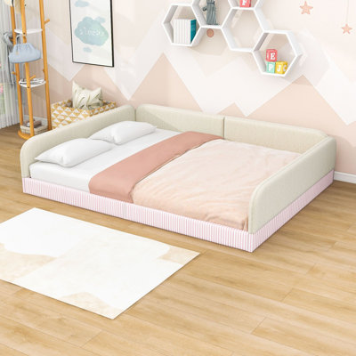 Upholstered  Montessori Floor Bed with Half-Enclosed Side Guardrails