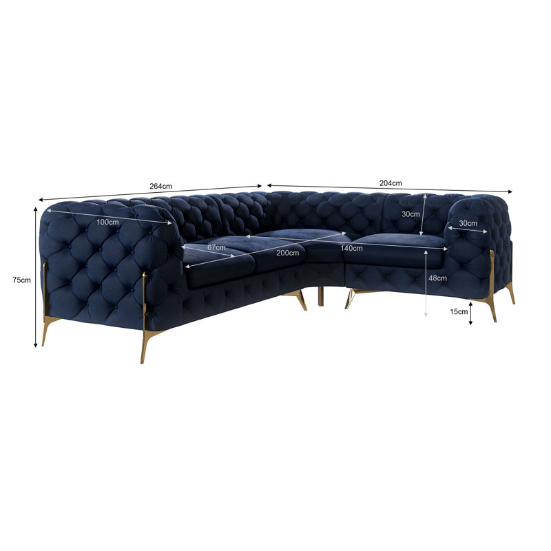 Chesterfield Corner Sofa L-Shape  with Gold Metal Legs, Navy Blue, Left Hand Facing