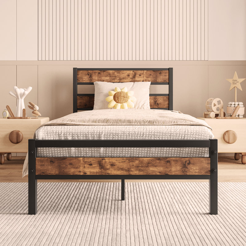 Platform Bed Frame with Rustic Vintage Wood Headboard, Strong Metal Slats Support, No Box Spring Needed, Twin