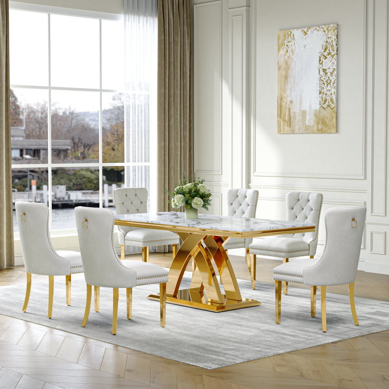 70" Rectangle Dining Set, Luxurious White Faux Marble Top, X-Shaped Stainless Steel Base, Velvet Upholstered Chairs with Tufted Nailhead Trim