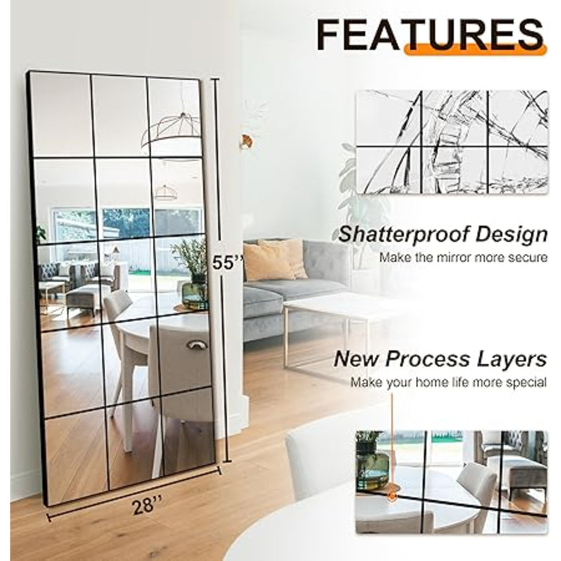 Full Length Mirror, 28"X 55" Window Pane Decorative Mirror For Wall, Black Metal Framed Wall Decor, Wall Mounted, Hanging Or Leaning For Bedroom, Living Room, Entryway