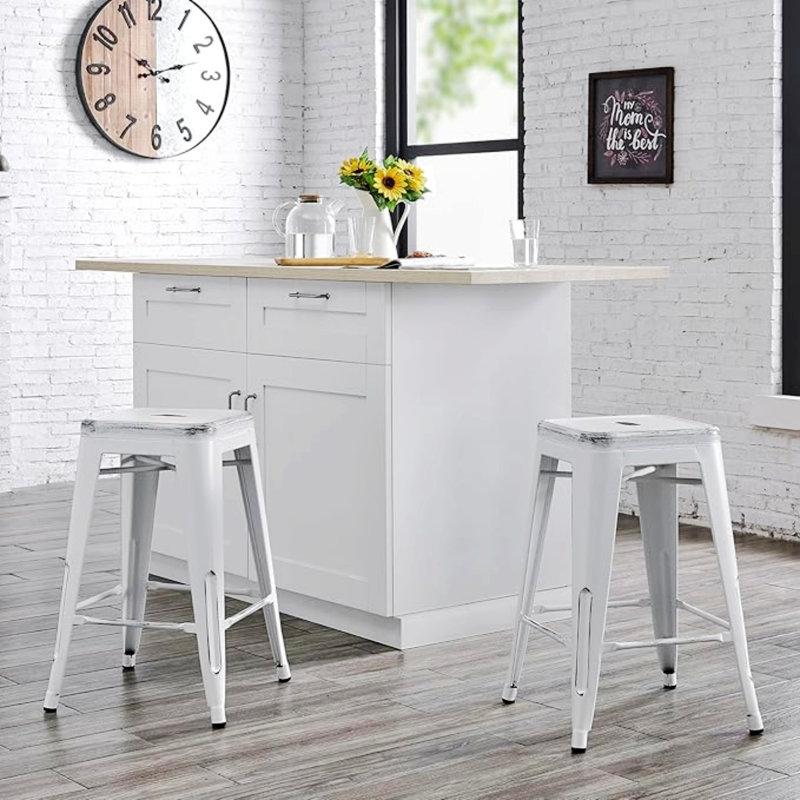 Set Of 2 Backless Metal Bar Stools With 4 Leg Design, Antique White