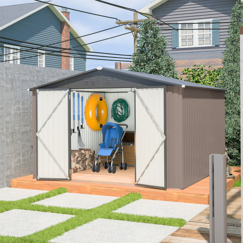 10' x 10' Brown Metal Garden Storage Shed with Double Doors