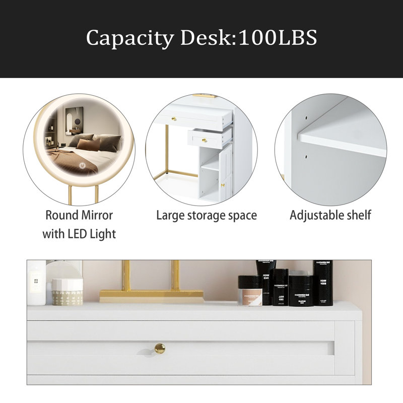Meuble-lavabo 31,5 po avec miroir éclairé, coiffeuse de luxe avec 2 tiroirs et 1 armoire, 3 modes d'éclairage disponibles pour la chambre à coucher, or blanc