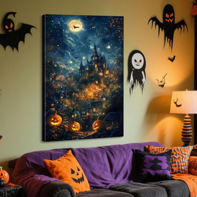 Halloween Canvas Wall Art, Hilltop Haunted Mansion Warm Glow Pumpkins And Bats Horror Poster Blue Style Picture Fantasy Wall Decor, Framed Prints For Living Room Decor, 16X24inch