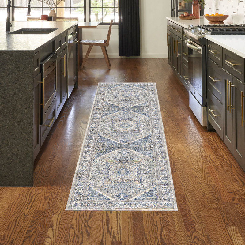Vintage Performance Beige/Blue Area Rug, Runner 2'2" x 7'6"