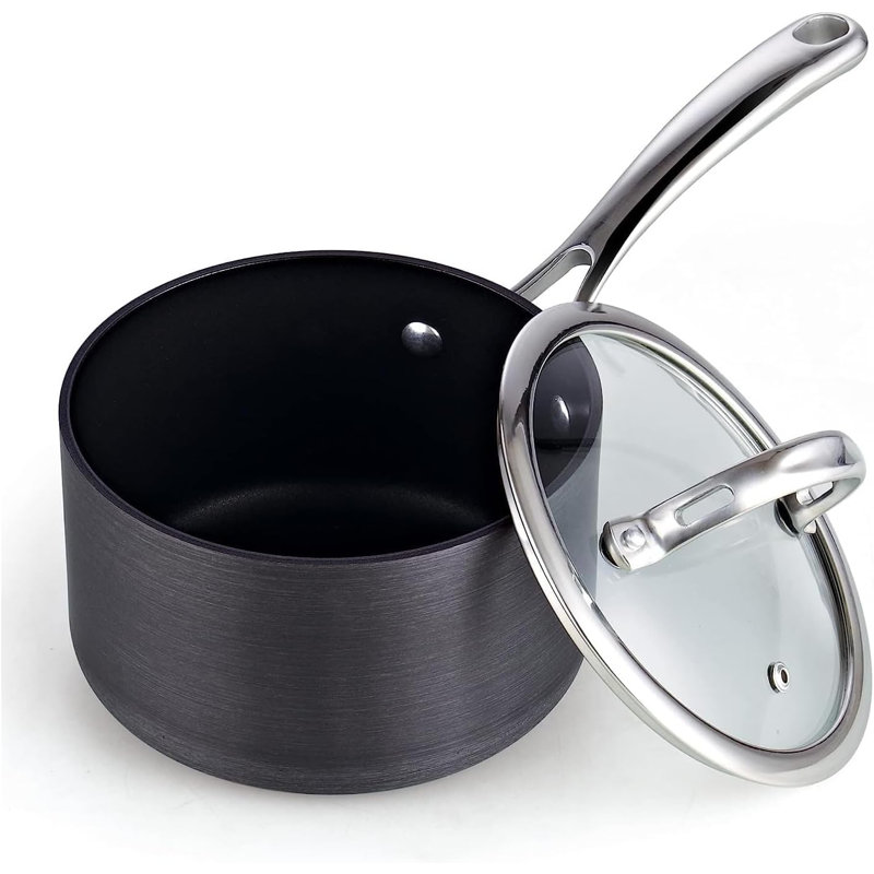Ensemble de casseroles antiadhésives standard de 2 pintes et de 3 pintes avec couvercles en verre Cooks, casseroles à sauce antiadhésives anodisées dures, petites casseroles de cuisine, casseroles à lait, batterie de cuisine allant au lave-vaisselle, noir