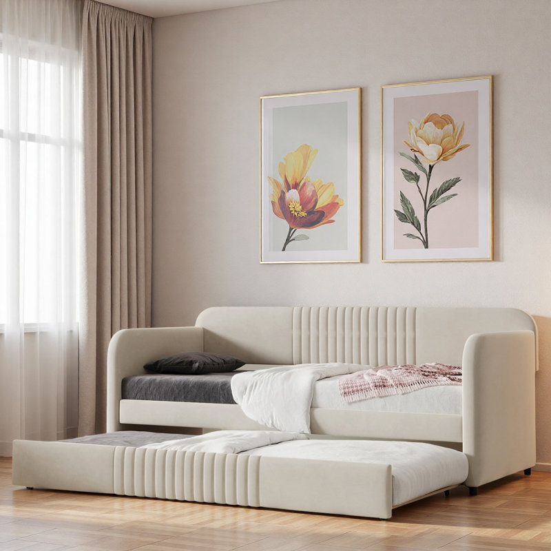 Upholstered Daybed With Trundle And Wood Slat, Beige
