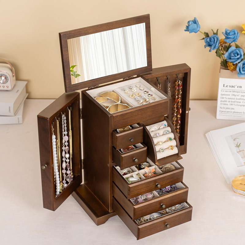 Boîte de rangement pour bijoux en bois 6 couches, organisateur de bijoux rustique avec miroir et tiroirs pour femme, étui à bijoux pour bagues et colliers, noir carbonisé