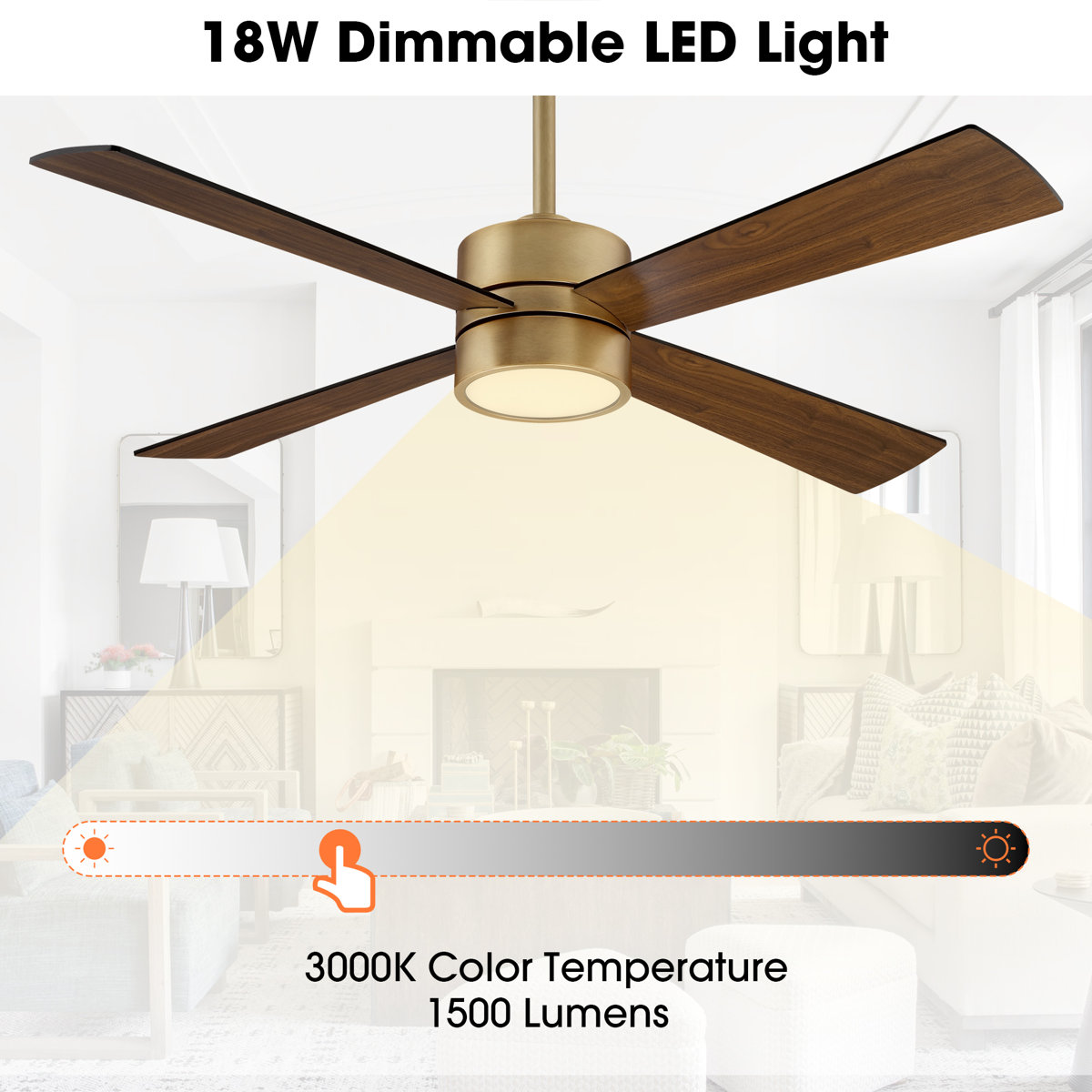 Camran 52'' Brushed Brass Dimmable Ceiling Fan with LED Lights and Remote Control 6 Speeds Reversible DC Motor Timer Memory