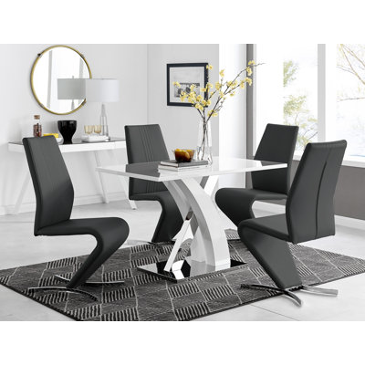 Edzard Chrome & White High Gloss Dining Table Set with 4 Luxury Faux Leather Dining Chairs
