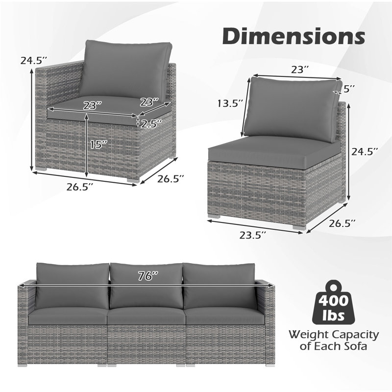 3-Piece PE Rattan Outdoor Sectional Sofa Set With Cushions, Gray, Gray, Gray