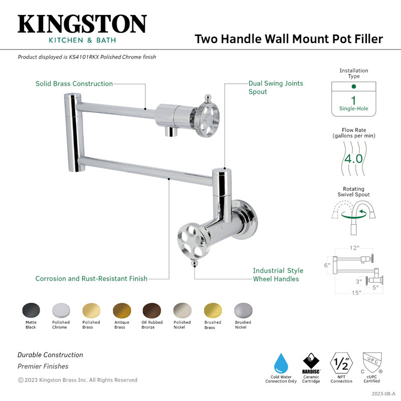 Kingston Brass Webb Two-Handle 1-Hole Wall Mount Pot Filler Faucet with Knurled Handle, Antique Brass