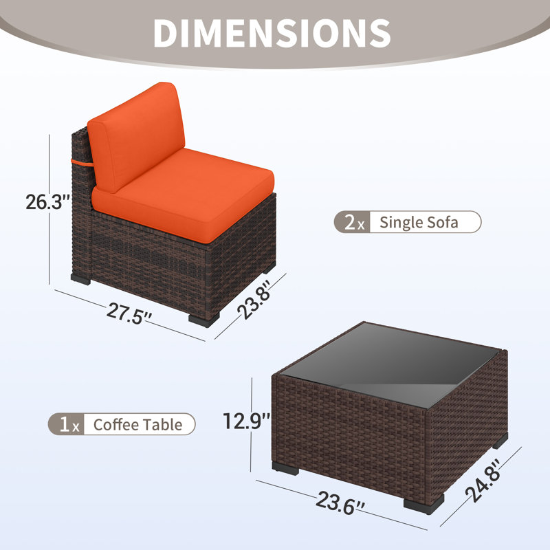 Mecayla 2-Person Wicker Outdoor Seating Group with Cushions, Orange