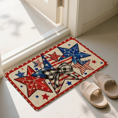 Patriotic Star Bow Door Mat, For Fourth Of July & Entryway, 24" X 36", Red Blue Beige