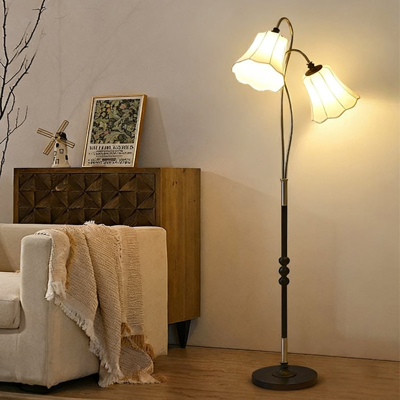 Lampes sur pied en bois massif noir + fer + tissu