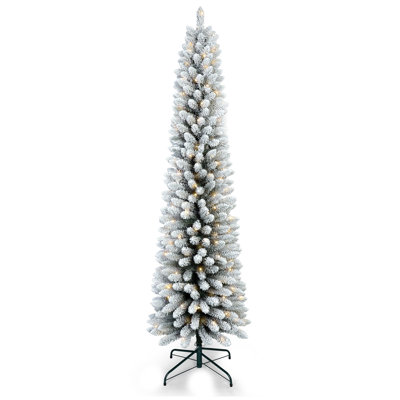 5Ft. Flocked Pencil Christmas Tree With 100 Warm White LED Lights – Slim Snowy PVC Tree, 263 Tips, Memory Wire, Space-Saving Design, Green Artificial Christmas Tree, Metal Stand, Easy Setup