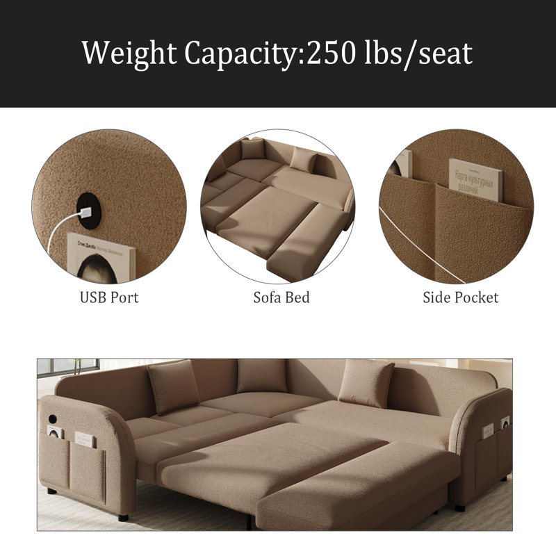 85.1" L-Shaped Sofa Couch With Pull-Out Bed,Oversize Convertible Sleeper Sofa With Side Pocket & USB Port,Teddy Upholstered Sectional Couches, For Living Room, Apartment, Office