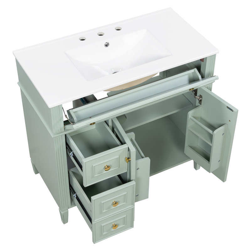 Meuble-lavabo de 36 po avec lavabo, meuble-lavabo avec tiroir rabattable, 3 tiroirs, 2 portes à fermeture en douceur, bois massif et bois aggloméré, quincaillerie dorée élégante