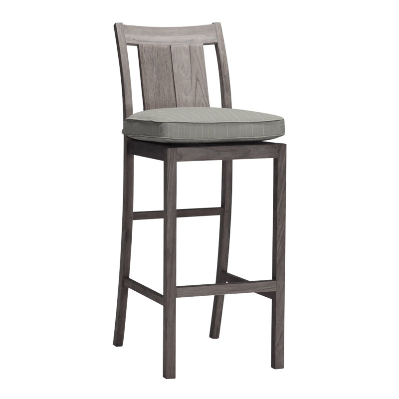 Croquet 24.5" Patio Bar Stool with Cushion, Rollo Chambray InsideOut® Linen, Welt, Oyster Teak