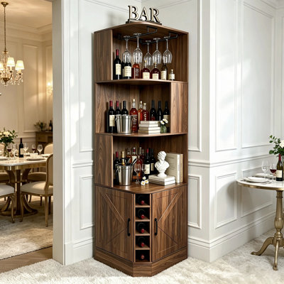Armoire de bar d'angle Tall, armoire de rangement en coin 72,83 pouces avec support pour verres à vin, panneau de fibres à densité moyenne brun noyer
