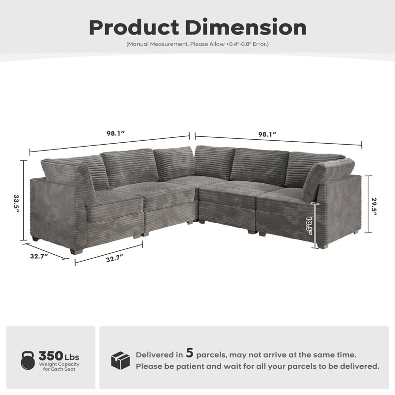  Large L-Shaped Modular Sectional Couch, Modern Plush Corduroy Sleeper Sectional Sofa For Living Room, Office, Bedroom, Gray