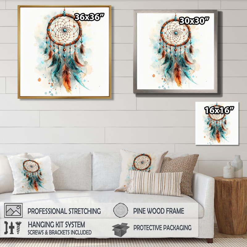 Attrape-rêves bleu-orange - Tableau encadré de style bohème avec plumes - Décoration murale, H 36 po x l 36 po