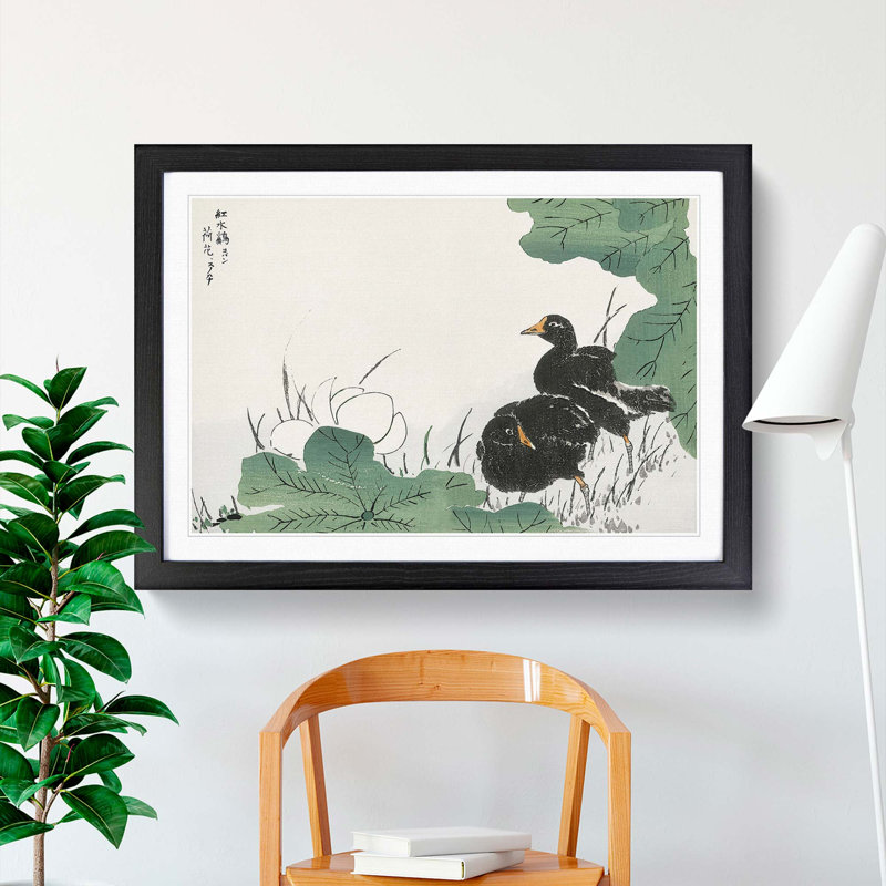 Coot Bird & Lotus Flower by Numata Kashu - Picture Frame Painting Print, Black Framed, 62cm H x 87cm W x 2cm D