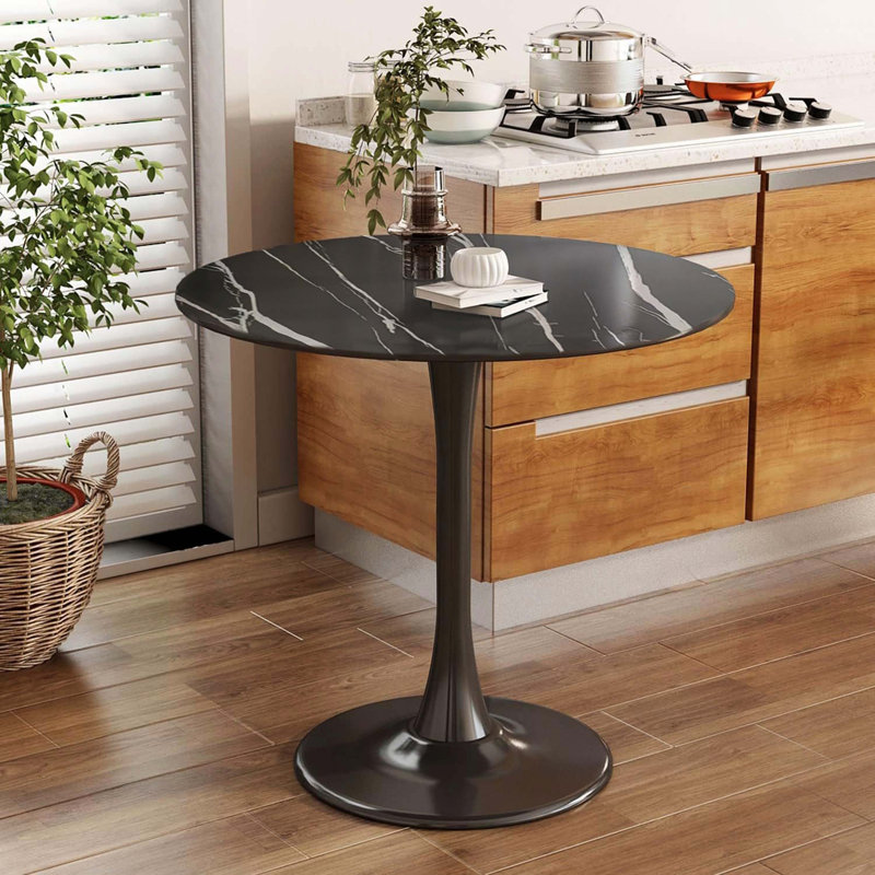 24 Inch Black Marble Texture Round Tulip Table, Modern Home Kitchen Living Room Multi-Use Table, Black