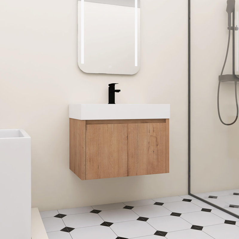 Meuble-lavabo mural de 30 po avec plateau en résine et 2 portes à fermeture douce