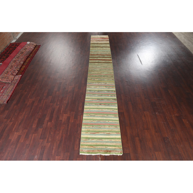 Tapis de couloir oriental rayé vert Zeta Gabbeh Kashkoli noué à la main 3 x 18