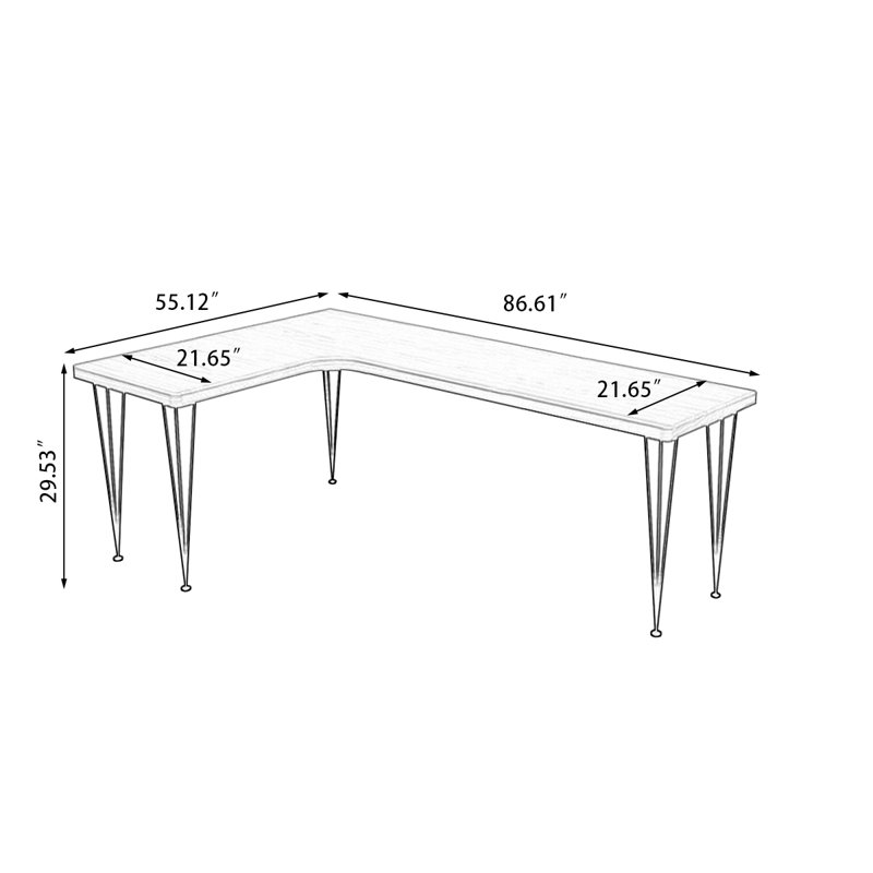 Bureau rectangulaire brun et noir en bois massif et fer, Retour à gauche, H 29,53 po x l 86,61 po x P 55,12 po