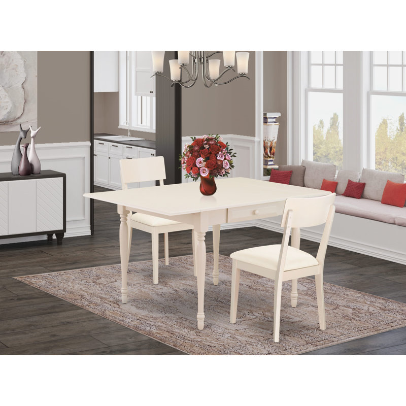 L'ensemble de table de cuisine 3 pièces pour petits espaces comprend une table de salle à manger rectangulaire avec Dropleaf et 2 chaises en similicuir, blanc lin