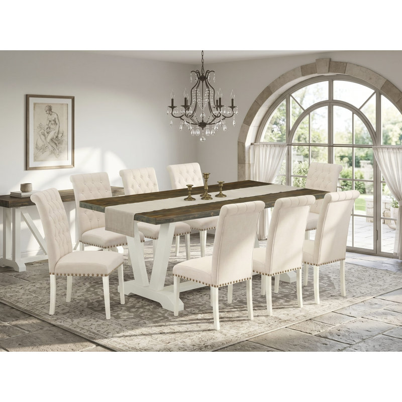 Ensemble de table de salle à manger 9 pièces comprenant une table de salle à manger rectangulaire avec pieds en V et 8 chaises Parsons en lin beige clair, lin brossé blanc