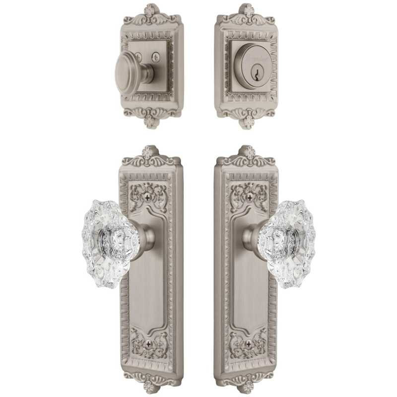 Ensemble de grandes plaques d'entrée Grandeur Windsor avec bouton en cristal Biarritz en nickel satiné, 2.75", Nickel satiné