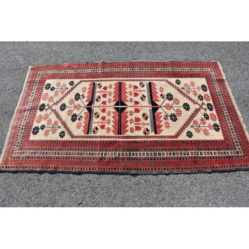 Tapis turc Oushak fait à la main en laine rouge avec motif floral rétro pour décoration rouge / beige