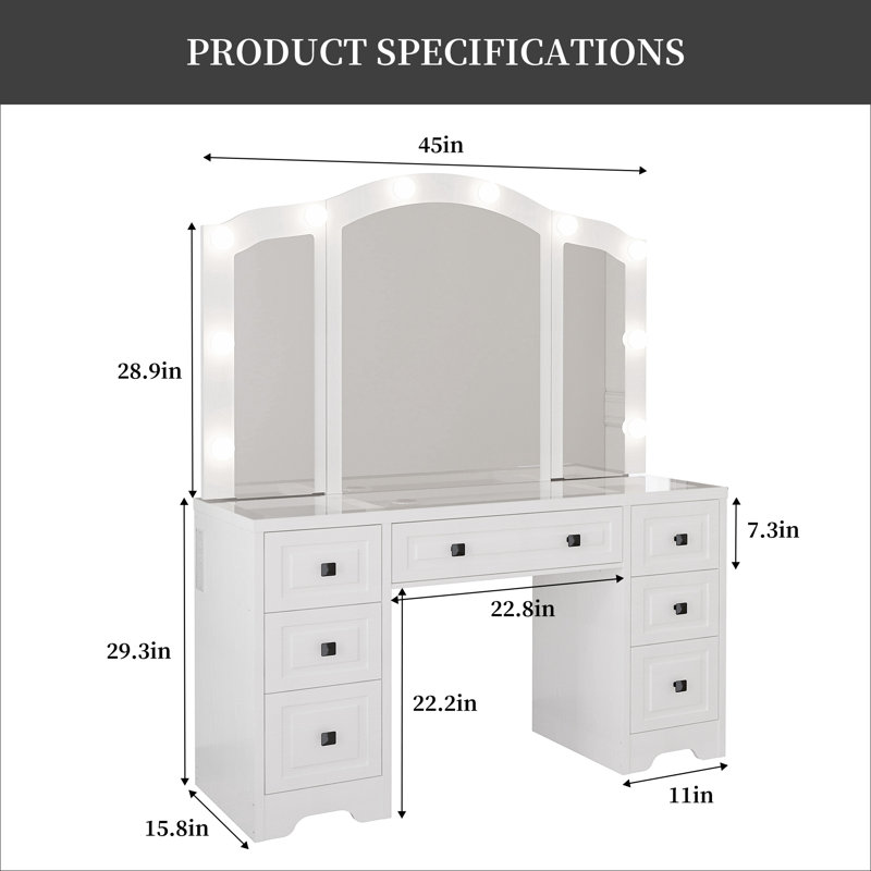 Large White Vanity Desk with Tri-Fold Lighted Mirror, Makeup Vanity Table with Built-in Power Outlets, Hair Dryer Rack, Glass Top & 5Drawers