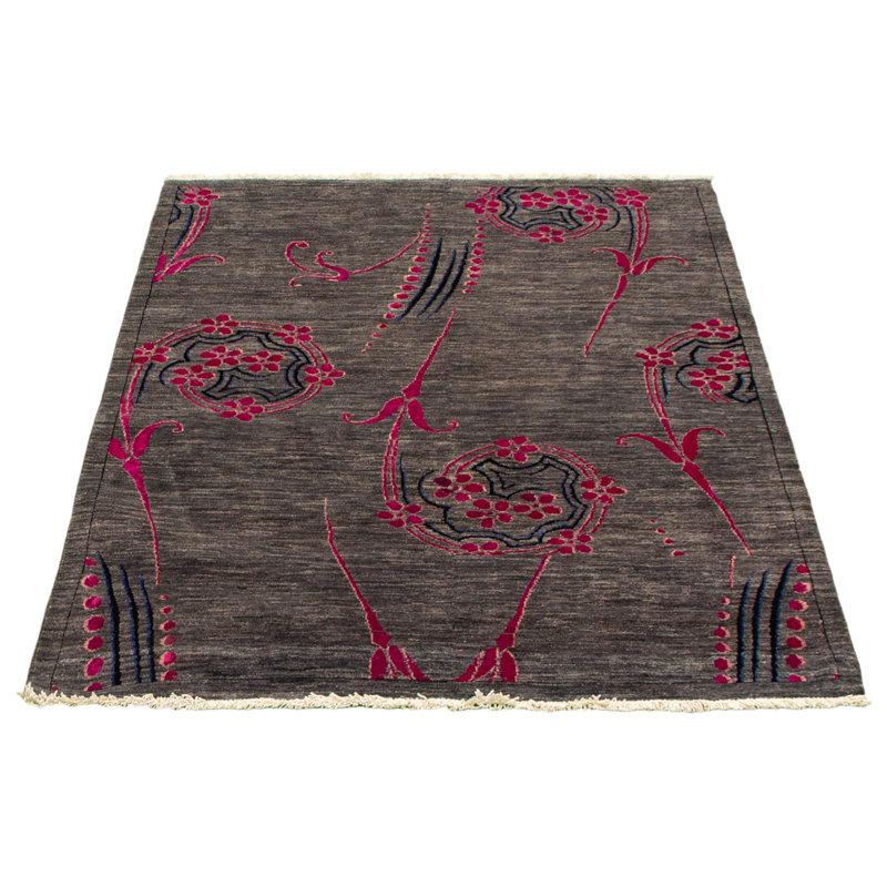 Tapis décoratif en laine de conception unique 4 pi 8 po x 6 pi noué à la main New Age en gris foncé/rouge