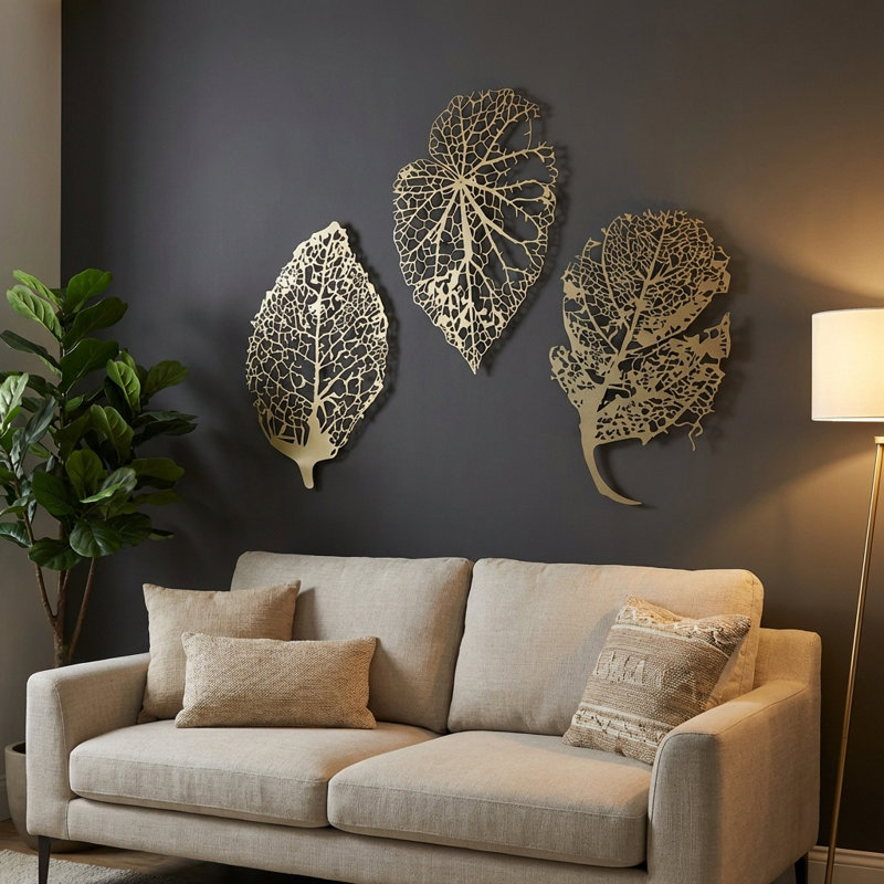 Metal Leaves Wall Art Set - 3 Piece, Gold, 28" H x 18" W