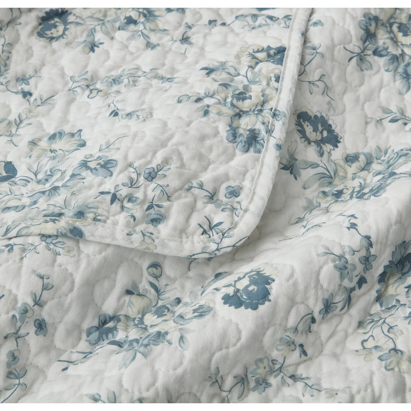 Gigi Elegant Floral Printed Reversible Washed Cotton Quilt Set, Queen Quilt + 2 Standard Pillow Shams