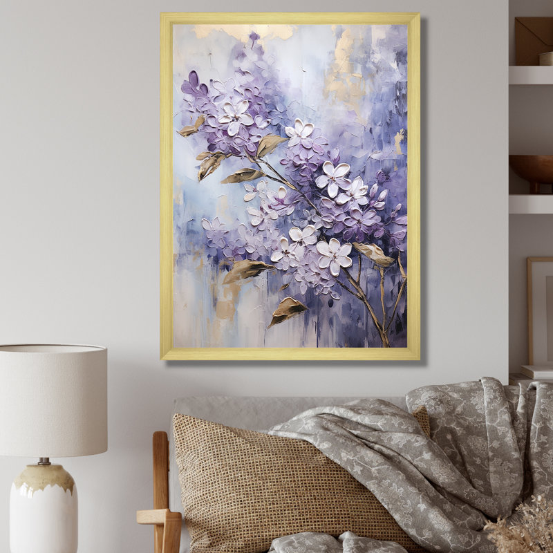 Lilas mauves pastel mauve et doré - art mural lilas pour le salon, H 44 po x l 34 po x P 1,5 po, Cadre doré simple
