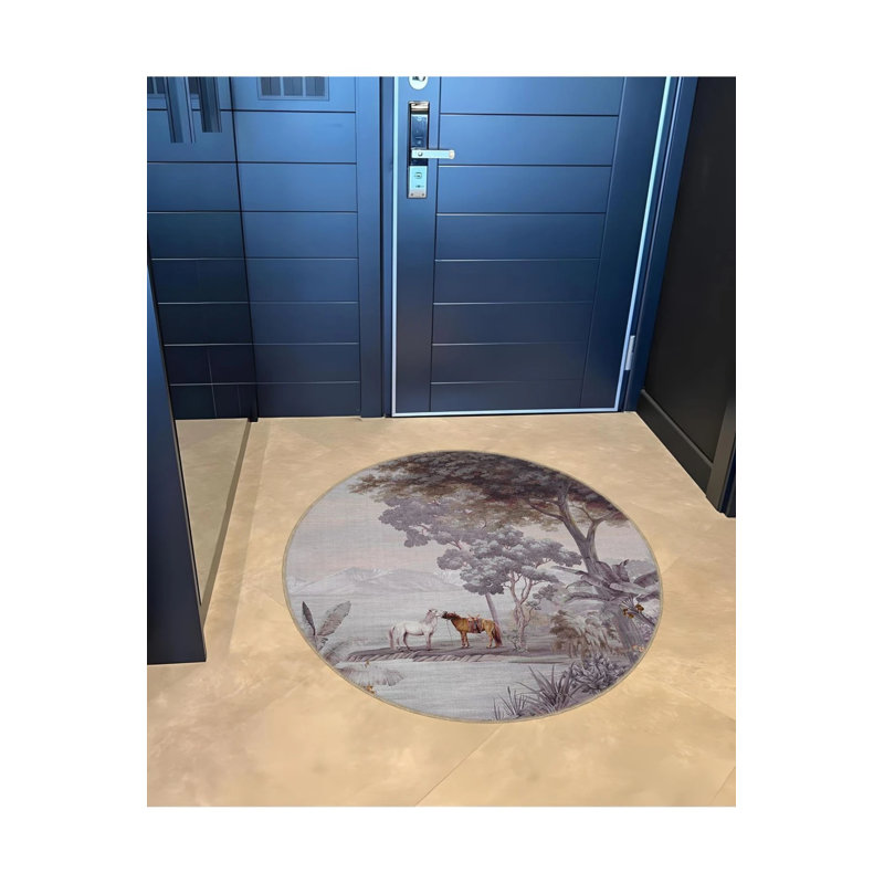 Tapestry Design Round Gray Beige Detailed Decorative Carpet, Round 3'4"