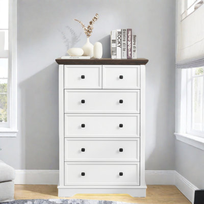 Chest Farmhouse Chest With 6 Drawers, Wood Grain Tabletop And Black Metal Handles