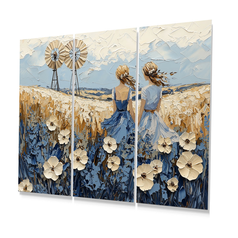 «White Blue Windmills Floral Fields II - Windmills», ensemble d'art mural, Métal métal, H 28 po x l 36 po x P 1 po